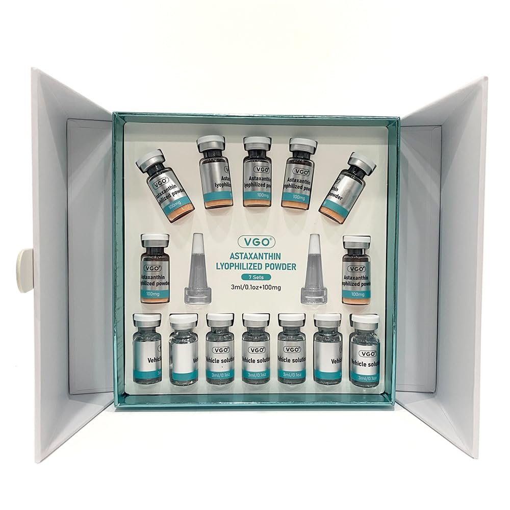 VGO Astaxanthin Lyophilized Powder, Hydrates and Evens Skin Tone, Hydrodermabrasion(7 Sets Contain Vehicle Solution 3ml/0.1oz+ Lyophilized Powder 100mg)