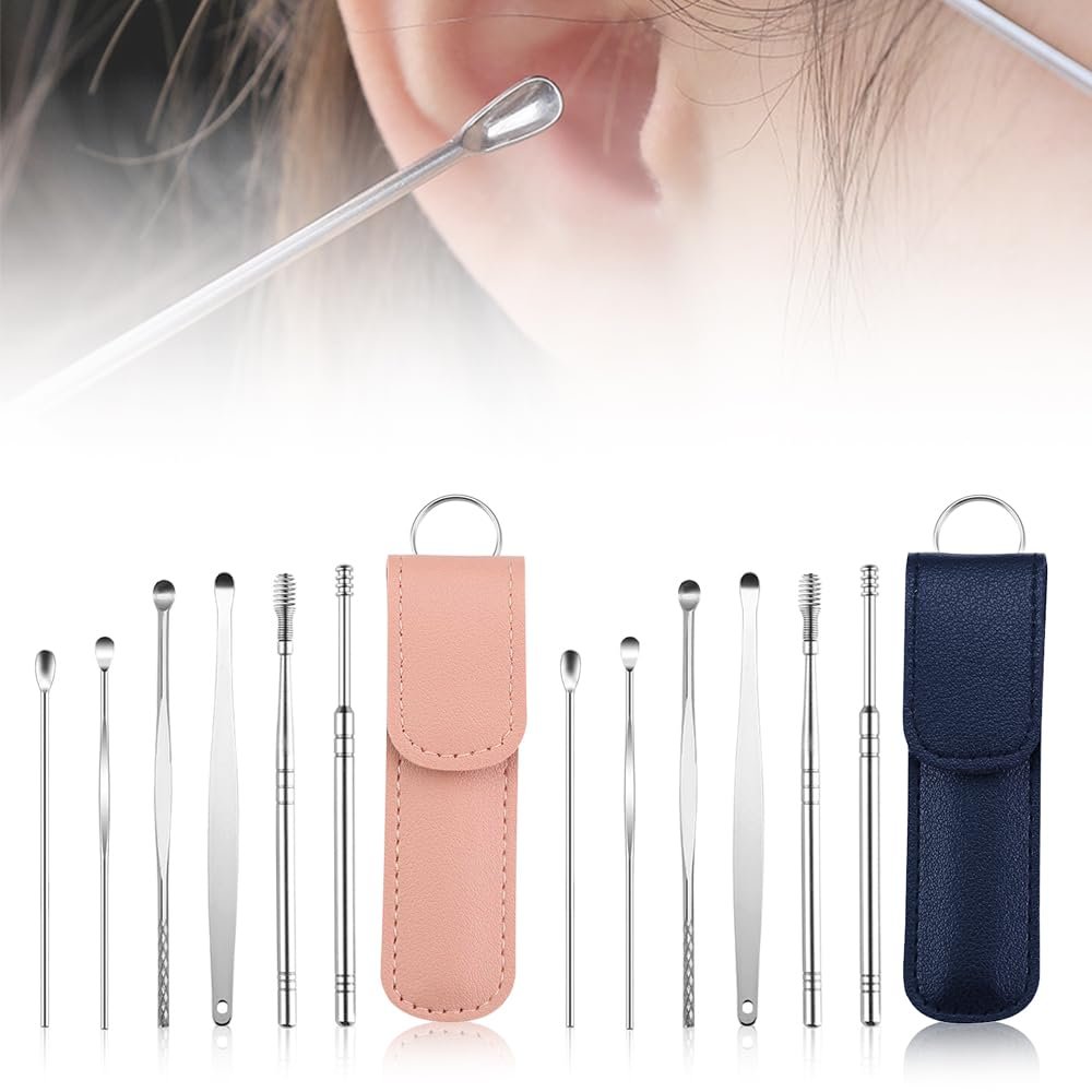 Earwax Cleaner Tool Set, Ear Wax Removal Tool Ear Cleaning Kit, Ear Cleaner Tool Ear Pick Earwax Removal Kit, Stainless Steel Earwax Removal Tool with Leather Storage Box (Blue+Pink)