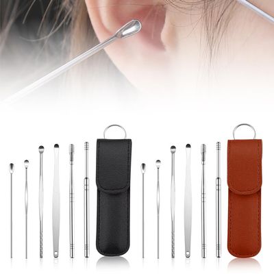 Earwax Cleaner Tool Set, Ear Wax Removal Tool Ear Cleaning Kit, Ear Cleaner Tool Ear Pick Earwax Removal Kit, Stainless Steel Earwax Removal Tool with Leather Storage Box (Black+Brown)