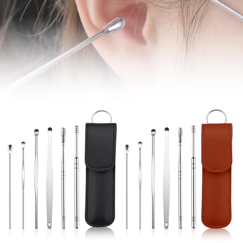 Earwax Cleaner Tool Set, Ear Wax Removal Tool Ear Cleaning Kit, Ear Cleaner Tool Ear Pick Earwax Removal Kit, Stainless Steel Earwax Removal Tool with Leather Storage Box (Black+Brown)