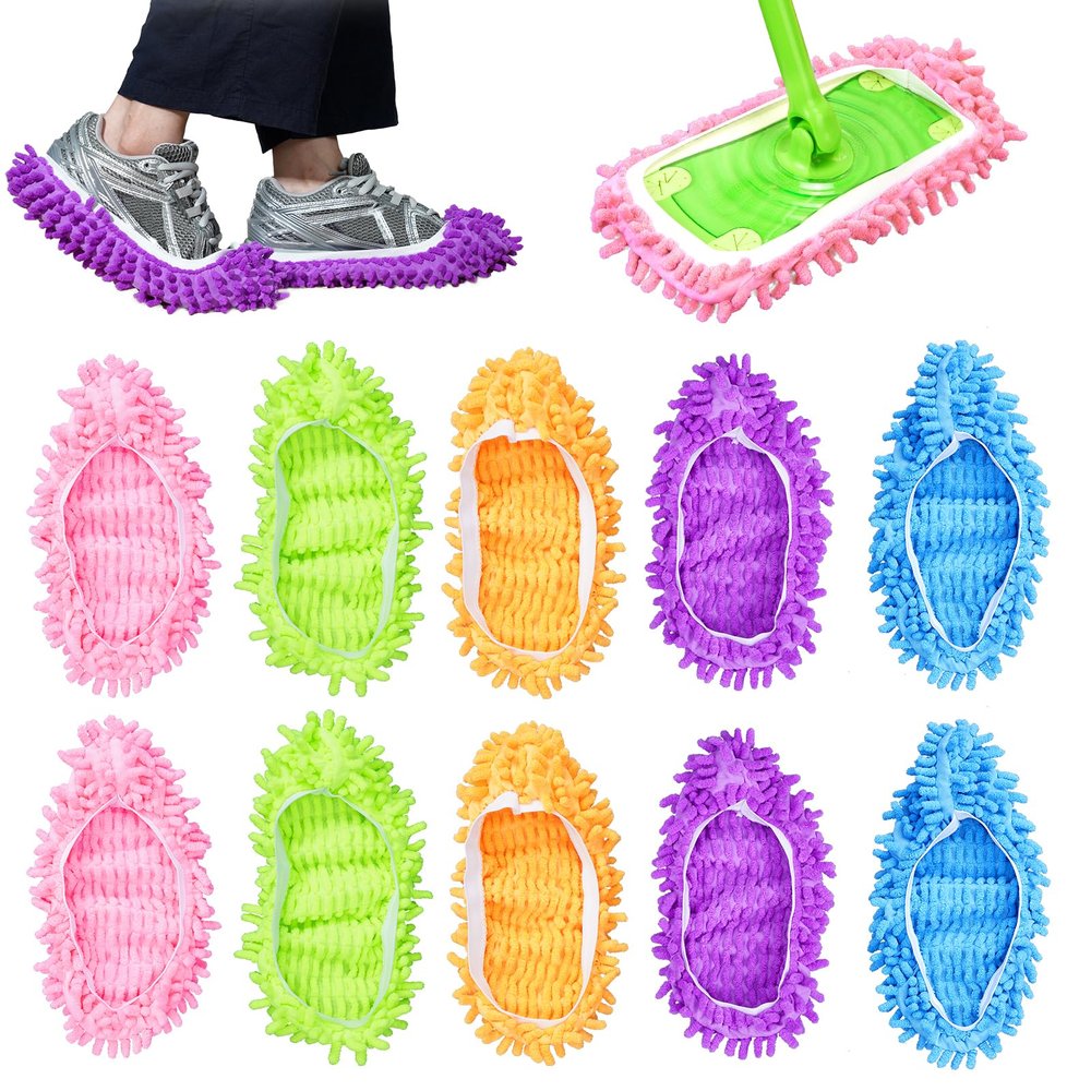 KEEPOW Mop Slippers Shoes Microfiber Floor Cleaning Tool House Mop Socks Shoe Cover Mopping Slippers Shoes Cover Soft Washable Reusable Foot Socks for Women Men Floor Cleaning Tool (5 Pairs)