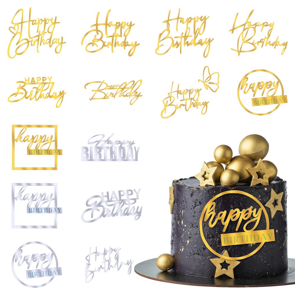 14 Pcs Happy Birthday Cake Toppers Acrylic Cake Topper Gold Silver Happy Birthday Cake Decorations Birthday Cupcake Toppers for Birthday Party Cake Desserts Supplies