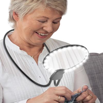 5X Hands-Free Magnifying Glass with 24 LED Lights, 5.12" Rechargeable Magnifier with Flexible Gooseneck for Neck Wear, Large Page Magnifier for Seniors Reading, Repairing, Sewing, Cross Stitch
