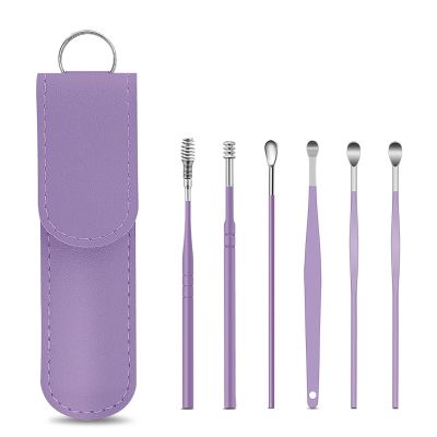 6 Counts Set Stainless Steel Spiral Ear Massage Cleaning Tool, Earwax Cleaner Tool Set, Ear Cleaner Earwax Removal, Ear Pick Set with Stainless Steel 360 Spiral Ear Cleaning Tool PU Leather Case (H)