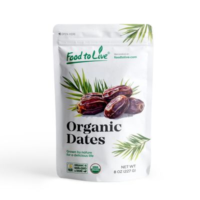 Food to Live Organic California Medjool Dates, 8 Ounces  Soft & Juicy Nature's Candy. Non-GMO Whole Dry Fancy Dates with Pits. Perfect Snack. Unsweetened, Unsulphured. Vegan, Kosher, Fruits in Bulk