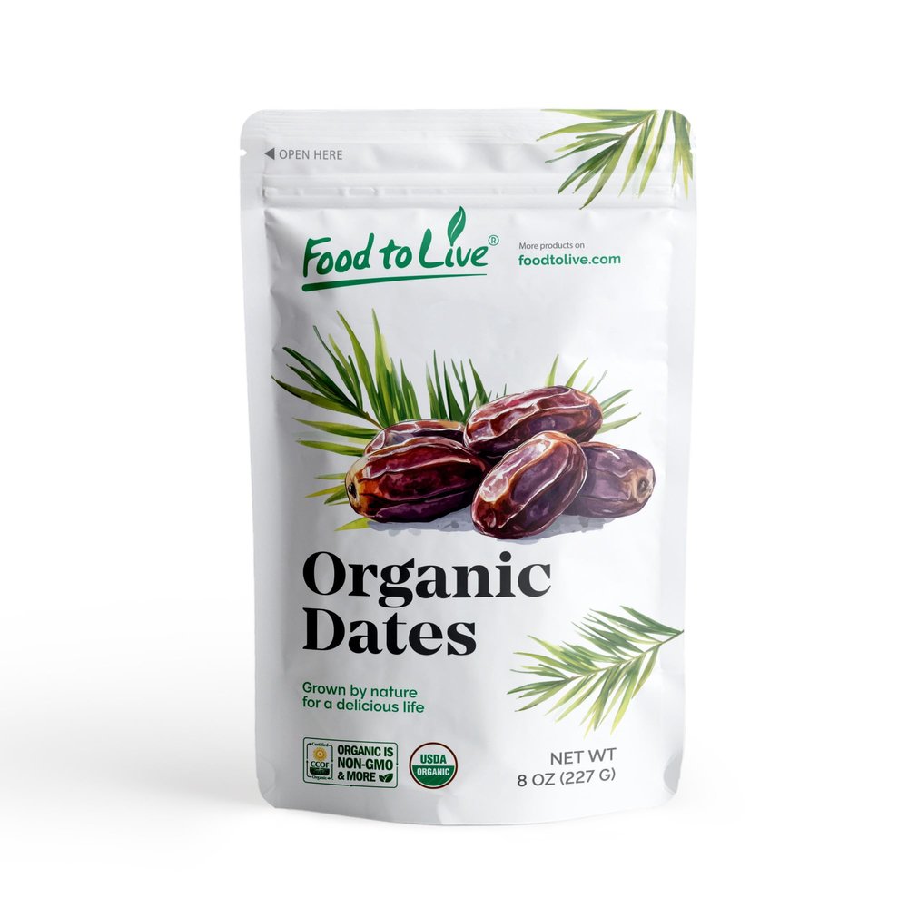 Food to Live Organic California Medjool Dates, 8 Ounces  Soft & Juicy Nature's Candy. Non-GMO Whole Dry Fancy Dates with Pits. Perfect Snack. Unsweetened, Unsulphured. Vegan, Kosher, Fruits in Bulk