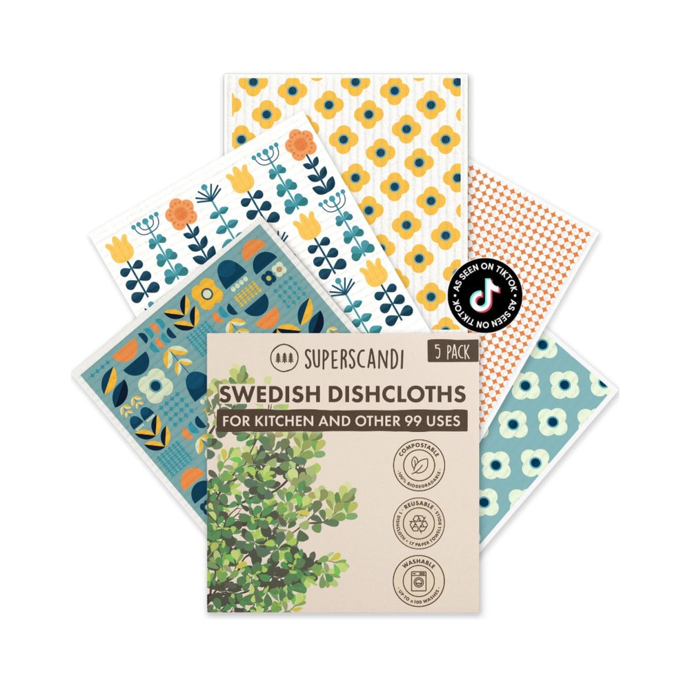 SUPERSCANDI 5 Pack Swedish Dishcloths for Kitchen - 100% Biodegradable & Compostable | Reusable Paper Towels Washable, Food-Safe & Without Plastic - Dish Rags Suitable for Any Surface | Scandi Design