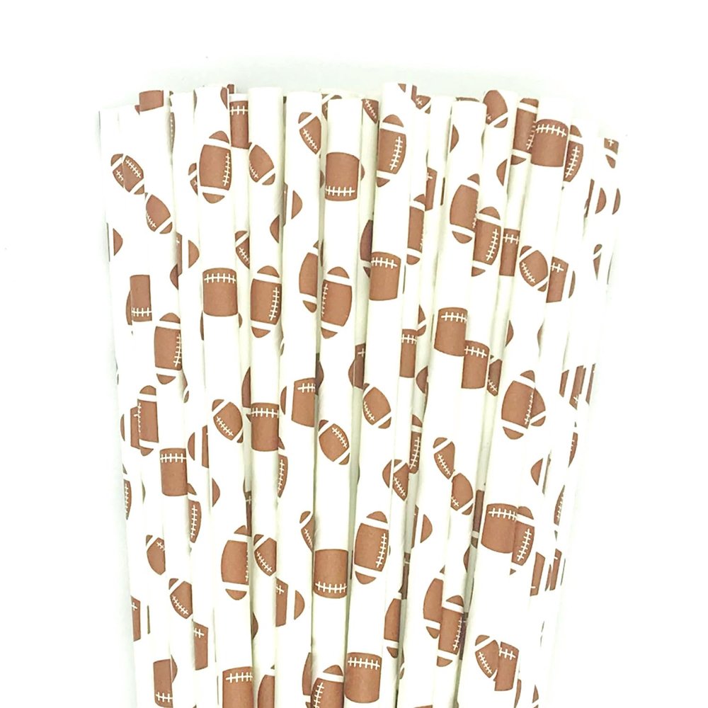 100 pcs Sports Party Paper Straws, White Brown Rugby Football Bar Soda Juice Drinking Straws, Craft Disposable Beverage Game Day Decor Biodegradable Cake Pop Sticks (White With Football)
