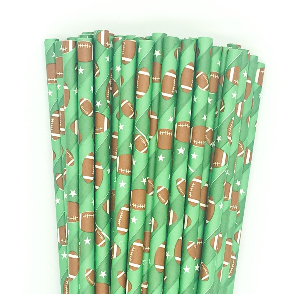 100 pcs Sports Party Paper Straws, Ombre Green Stripe White Star Brown Rugby Football Bar Soda Beer Drinking Straws, Cute Biodegradable Decor Game Day Cake Pop Sticks (Green With Football)