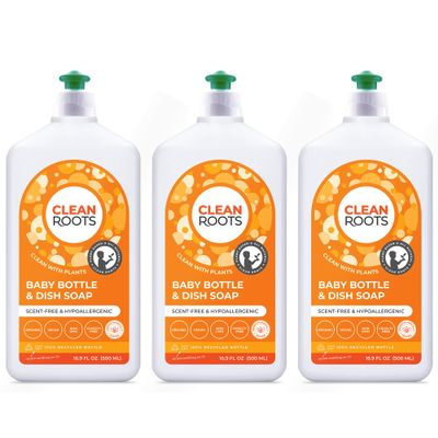 CLEAN ROOTS Baby Bottle & Dish Soap  EcoGarantie Certified, 100% Plant-Based Formula, Made with Organic Ingredients, Scent-Free & Hypoallergenic  16.9 fl oz (500 mL), Pack of 3