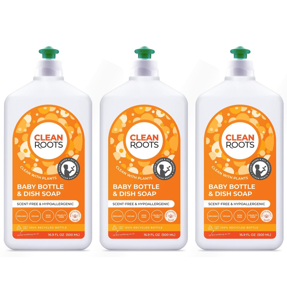 CLEAN ROOTS Baby Bottle & Dish Soap EcoGarantie Certified, 100% Plant-Based Formula, Made with Organic Ingredients, Scent-Free & Hypoallergenic 16.9 fl oz (500 mL), Pack of 3