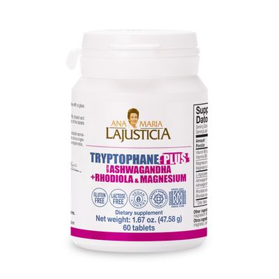 Ana Mara Lajusticia TRYPTOPHANE Plus ASHWAGANDHA Supplement + RHODIOLA & Magnesium 60 TABS, Vegan, Gluten Free, Kosher, Halal, Lactose Free, 600 mg, Support Strees, Relief, Energy and Sleep.