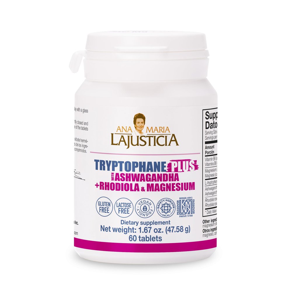 Ana Mara Lajusticia TRYPTOPHANE Plus ASHWAGANDHA Supplement + RHODIOLA & Magnesium 60 TABS, Vegan, Gluten Free, Kosher, Halal, Lactose Free, 600 mg, Support Strees, Relief, Energy and Sleep.
