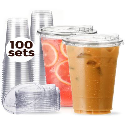100 Pack 24 oz Clear Plastic Cups with Strawless-Sip-Lids, Disposable Cups Plastic Iced Coffee Cups, To Go Cups with Sip Through Lids for Smoothie, Milkshake, Cold Drinks for Party, Wedding, Event