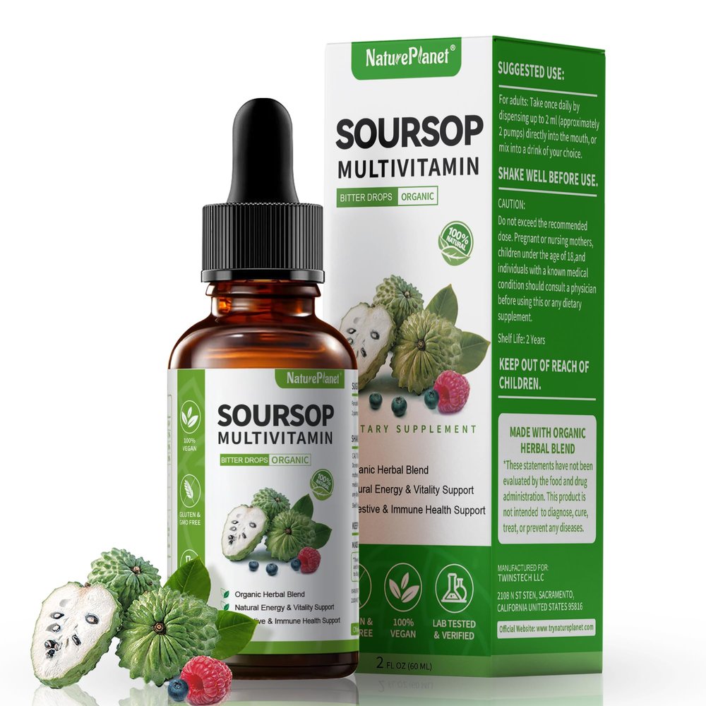 NaturePlanet Graviola Soursop Bitters Liquid Drops, 5000mg Soursop Fruit & Leaf Extract + 10 Bitters Botanicals for Immune Support Digestive Health Antioxidant Boost Vegan 2 Fl Oz