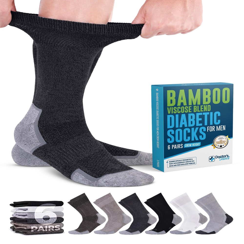 Doctor's Select Diabetic Socks for Men - 6 Pairs Crew Mens Diabetic Socks | Diabetic Neuropathy Socks for Men | Black, White, Grey, Dark Grey, Light Brown, Brown