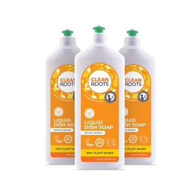 CLEAN ROOTS Liquid Dish Soap  EcoGarantie Certified, 100% Plant-Based Formula, Made with Organic Ingredients, Scented with Organic Orange Essential Oil  24.6 fl oz (730 mL), Pack of 3