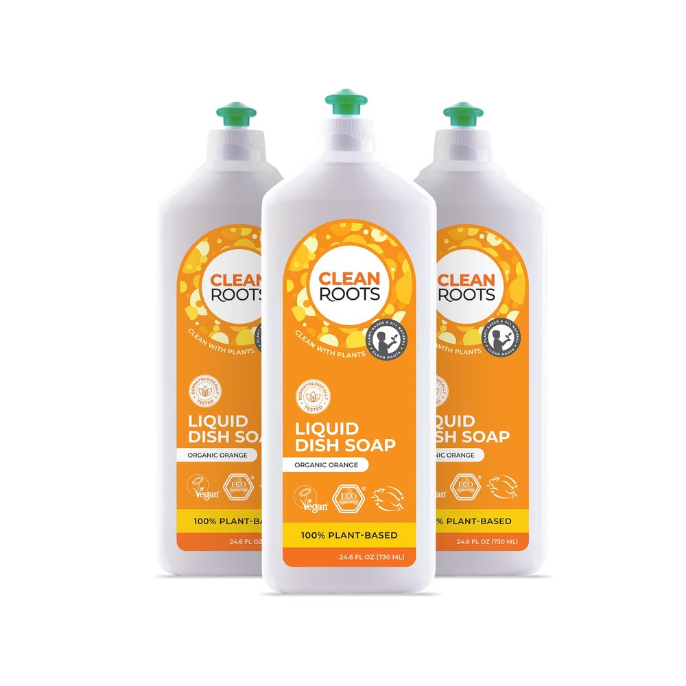 CLEAN ROOTS Liquid Dish Soap  EcoGarantie Certified, 100% Plant-Based Formula, Made with Organic Ingredients, Scented with Organic Orange Essential Oil  24.6 fl oz (730 mL), Pack of 3