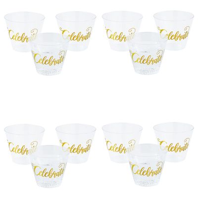 Fun Express Celebrate Clear Disposable Plastic Cups Gold Small 9 oz - Mega Bulk 200 Ct