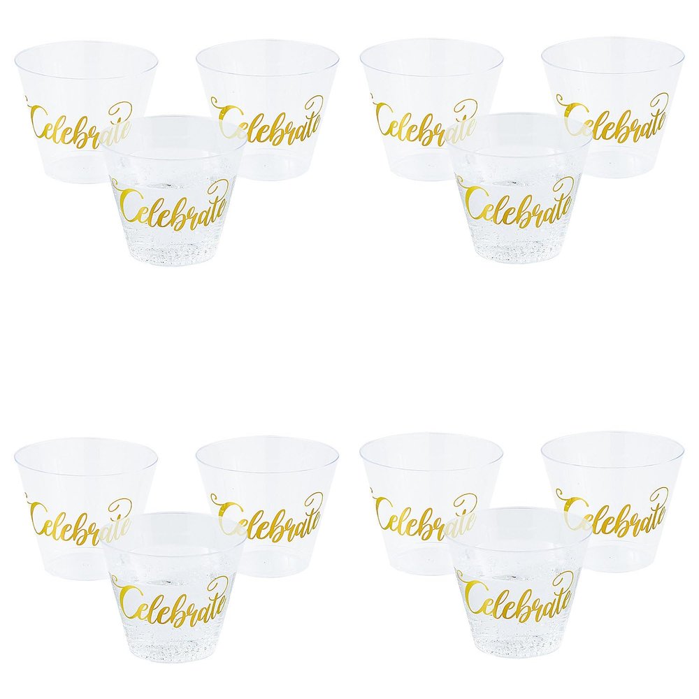 Fun Express Celebrate Clear Disposable Plastic Cups Gold Small 9 oz - Mega Bulk 200 Ct