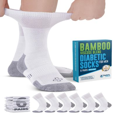 Doctor's Select White Bamboo Viscose Diabetic Socks for Men - 6 Pairs Crew Diabetic Neuropathy Socks for Men | White