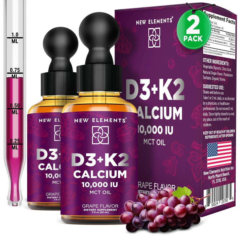 [2 ] Liquid Vitamin D3 K2 Drops with Calcium for Adults | Vitamin D3 10,000 IU | D3 K2 with Calcium for Bone Health & Immunity Support | Joint Health Supplement | Non-GMO | Vegan