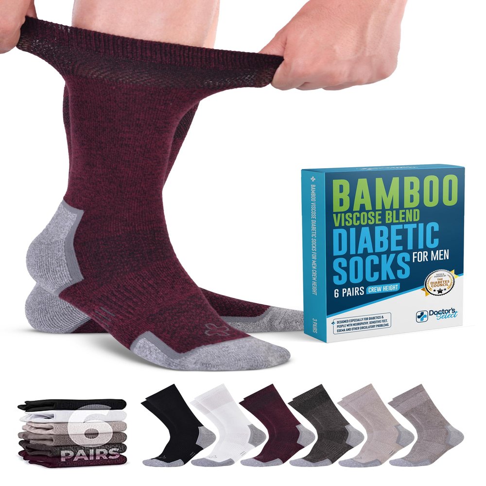 Doctor's Select Bamboo Viscose Diabetic Socks for Men - 6 Pairs Crew Mens Diabetic Socks | Neuropathy Socks for Men| Black, White, Tan, Light Brown, Brown, Maroon