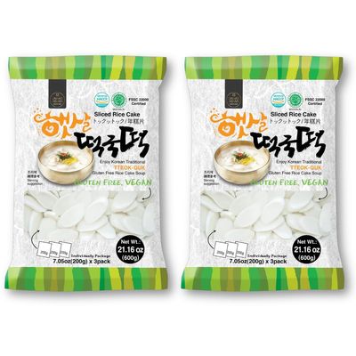 Korean Sliced Rice Cakes  Chewy Tteok for Tteokbokki and Tteokguk, Vegan, Gluten-Free, Non-GMO, 21.16 oz (3 x 7.05 oz Bags) (2 Pack)