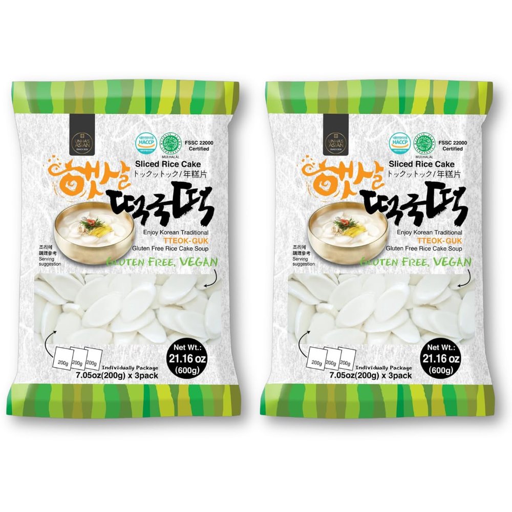 Korean Sliced Rice Cakes  Chewy Tteok for Tteokbokki and Tteokguk, Vegan, Gluten-Free, Non-GMO, 21.16 oz (3 x 7.05 oz Bags) (2 Pack)