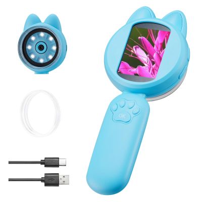 Mini Digital Microscopy, 2-inch IPS Screen 200X Magnifying Glass Handheld Magnifier with LED Light, 30W HD Camera, Built-in 3 Games & TF Card for 300 Photos, Education Hobby Plants Insects- - Blue