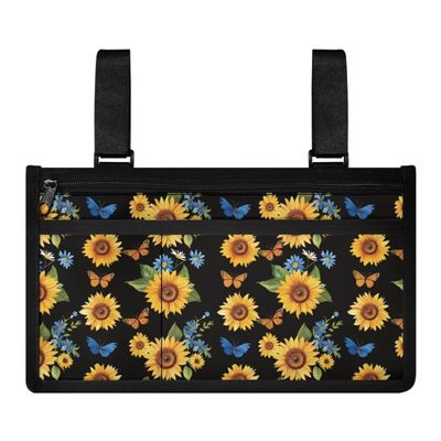 GOSTONG Wheelchair Side Bag Walker Pouch Bag with Cup Holder Sunflower Wheelchair Armrest Accessories for Walker, Rollator, Electric Scooter Wheelchair