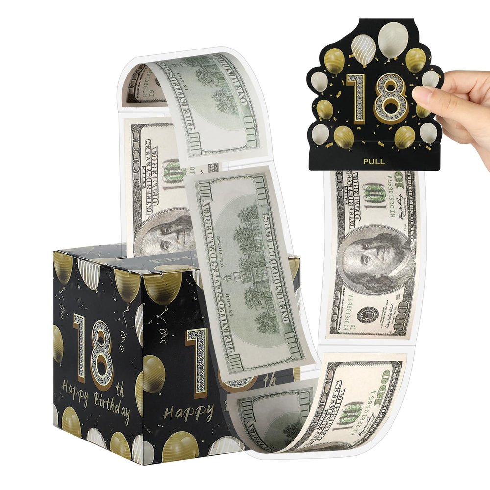 18th Birthday Money Gift Box, Pull-Out Cash Roll Surprise for Boys & Girls, Black & Gold Cash Present Holder for Milestone 18th Party