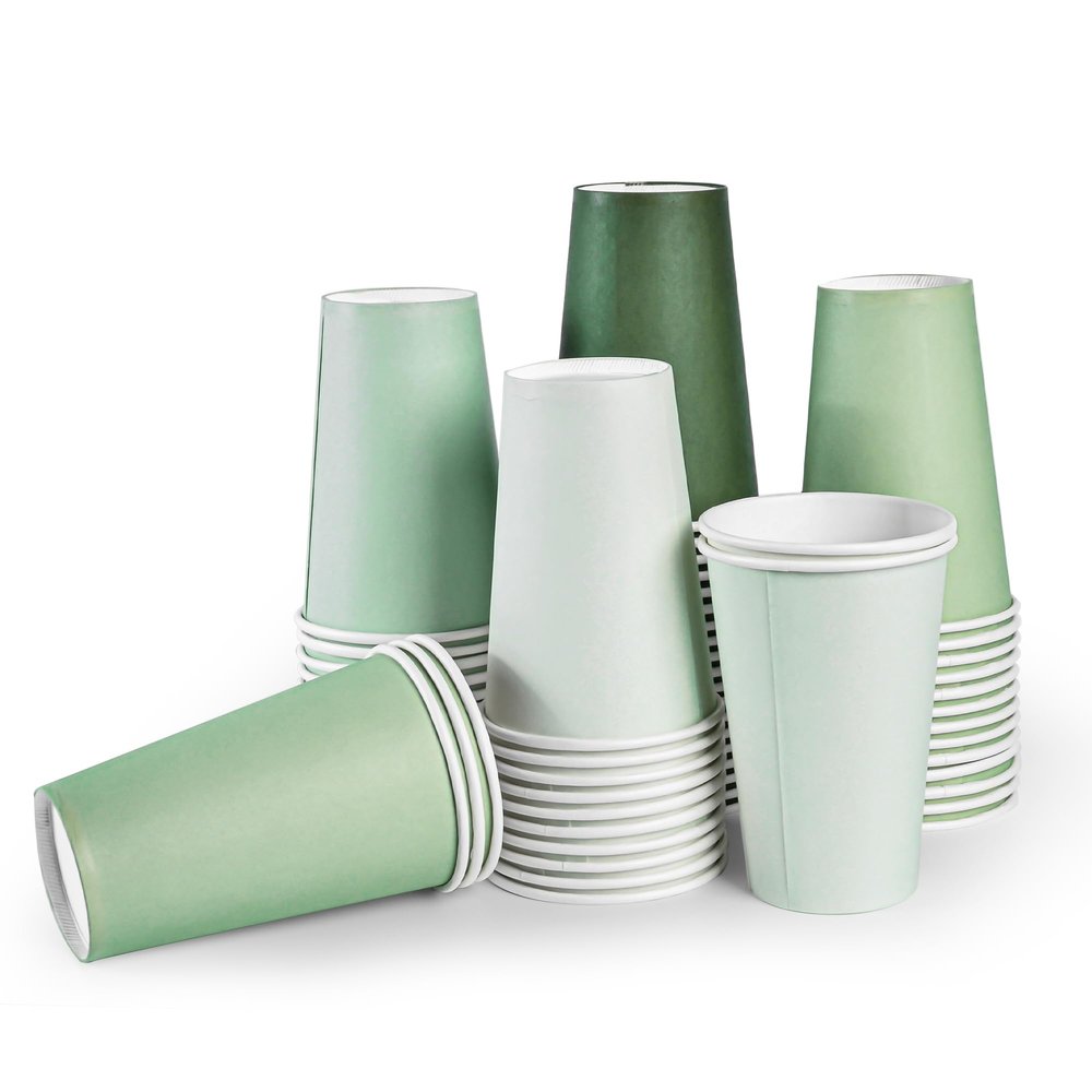 AimFun 100Pcs Sage Green Paper Cups 12oz Gradient Green Party Cups Birthday Bridal Baby Shower Disposable Drinking Cups for Hot Cold Drinks Beverage Coffee Wedding Christmas Party Supplies