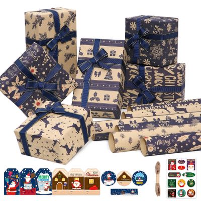 Larcenciel Christmas Wrapping Paper Set, Vintage Holiday Gift Wrapping Paper with Gift Tags Stickers & Rope, Thick Recyclable Blue Kraft Gift Wrap for Xmas, Hanukkah, New Year, 6 Sheets 27.5 x 19.6 in
