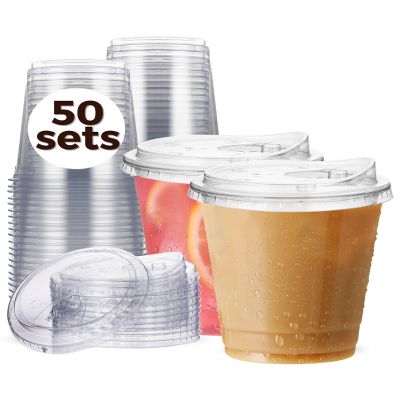 12 oz Clear Plastic Cups with Strawless-Sip-Lids, 50 Sets Disposable Cups Plastic Iced Coffee Cups, To Go Cups with Sip Through Lids for Smoothie, Milkshake, Cold Drinks for Party, Wedding, Event