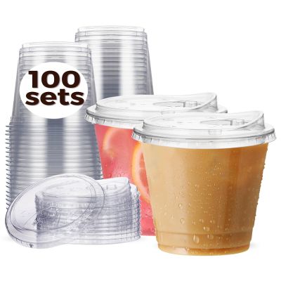 100 Pack 12 oz Clear Plastic Cups with Strawless-Sip-Lids, Disposable Cups Plastic Iced Coffee Cups, To Go Cups with Sip Through Lids for Smoothie, Milkshake, Cold Drinks for Party, Wedding, Event