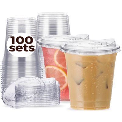 100 Pack 16 oz Clear Plastic Cups with Strawless-Sip-Lids, Disposable Cups Plastic Iced Coffee Cups, To Go Cups with Sip Through Lids for Smoothie, Milkshake, Cold Drinks for Party, Wedding, Event