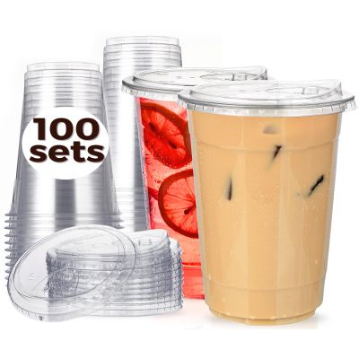100 Pack 32 oz Clear Plastic Cups with Strawless-Sip-Lids, Disposable Cups Plastic Iced Coffee Cups, To Go Cups with Sip Through Lids for Smoothie, Milkshake, Cold Drinks for Party, Wedding, Event