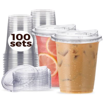 100 Pack 20 oz Clear Plastic Cups with Strawless-Sip-Lids, Disposable Cups Plastic Iced Coffee Cups, To Go Cups with Sip Through Lids for Smoothie, Milkshake, Cold Drinks for Party, Wedding, Event