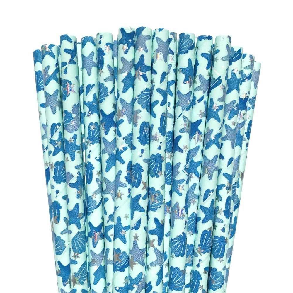 100 pcs Under The Sea Party Paper Straws, Blue Starfish Scallop Shells Animal Silver Foil Star Drinking Straws, Kids Birthday Baby Shower Ocean Beach Island Picnic Tropical Cake Pop Sticks (Starfish)