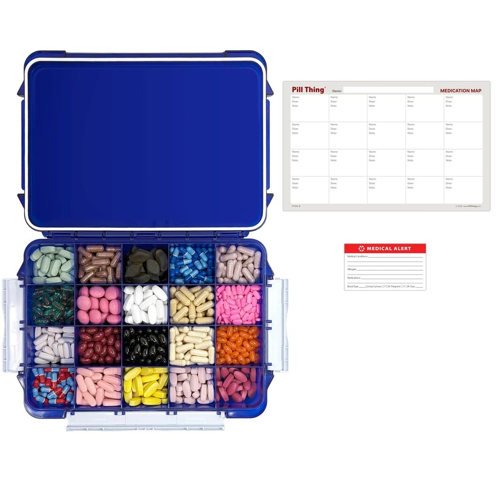 20 Compartment UV Protected Large Cobalt Blue Pill Case with Airtight Seal, Spill Proof, Silicone Gasket Waterproof Med Box with Medication Map (Cobalt Blue, 20 Compartment - 1 Pack)