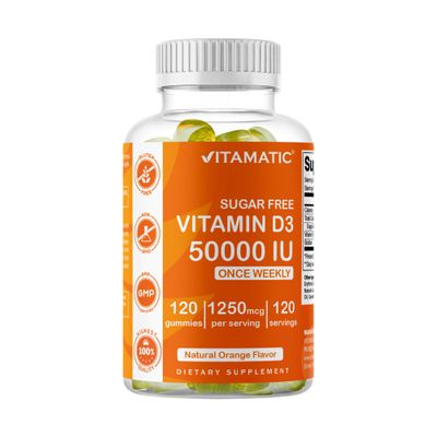Vitamatic Sugar Free Vitamin D3 50,000 IU Weekly Supplement - 120 Pectin Based Gummies - Vitamin D Capsules for Bones, Teeth, and Immune Support (50000 IU)