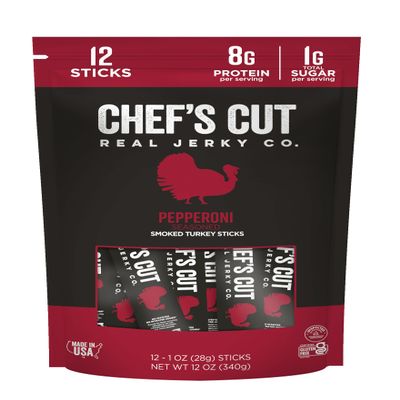 Chefs Cut Real Turkey Jerky | Smoked Turkey Meat Sticks | High Protein Snack with 8 g Protein & 100 Calories, Gluten Free, Keto-Friendly| Pepperoni | 1 oz Stick (12-Count Bag)