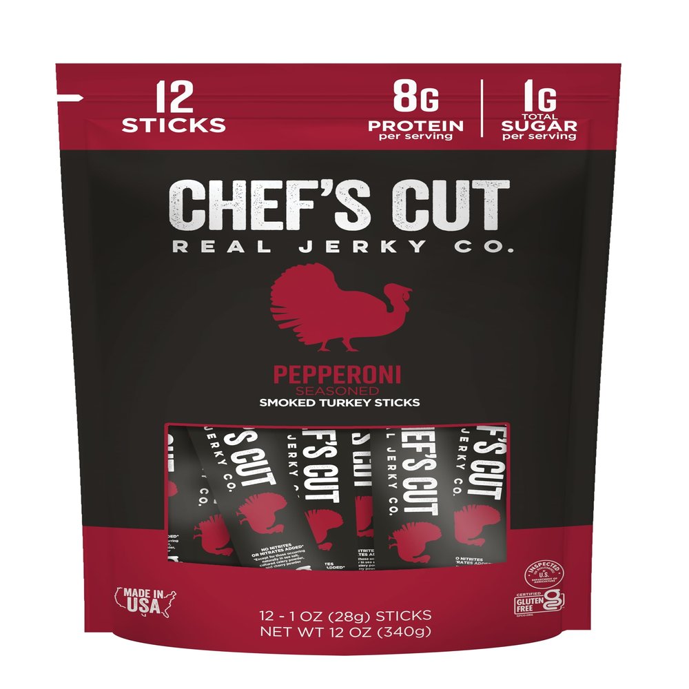 Chefs Cut Real Turkey Jerky | Smoked Turkey Meat Sticks | High Protein Snack with 8 g Protein & 100 Calories, Gluten Free, Keto-Friendly| Pepperoni | 1 oz Stick (12-Count Bag)