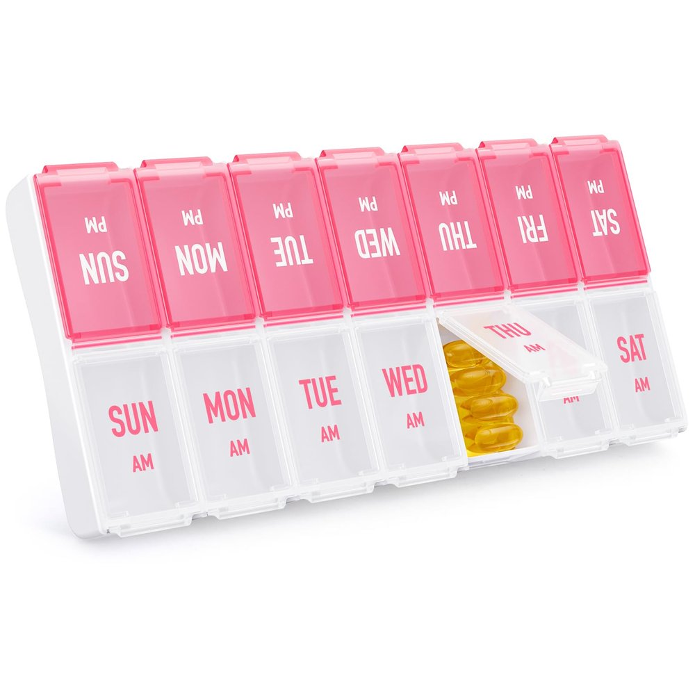 AMOOS Weekly Pill Organizer 2 Times a Day, Stylish Pill Box 7 Day AM PM with Large Compartments, Pill Case Easy to Use, BPA-Free Pill Container for Vitamins, Fish Oils, Supplements, Medicines, Pink