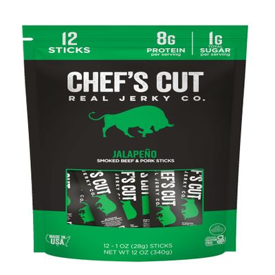 Chefs Cut Real Snack Sticks | High Protein Meat Snack Sticks with 8g Protein, Gluten Free, Keto-Friendly| Premium Smoked Beef & Pork Blend | Jalapeo Heat | 1 oz Stick (12-Count Bag)
