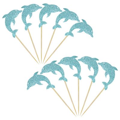 ccHuDE 36 Pcs Blue Dolphin Cupcake Toppers Decorative Glitter Cake Toppers Sea Theme Cake Picks Animal Birthday Cake Sticks Baby Shower Cupcake Sticks Party Cupcake Picks