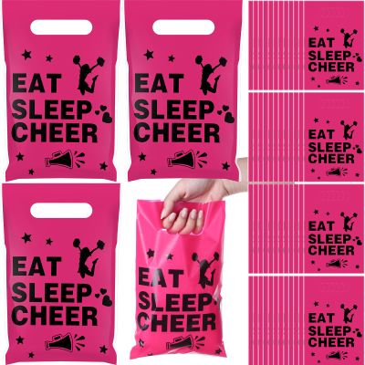 Affrolling 100 Pcs Cheer Goodie Bags Cheer Snack Gift Bags Bulk Plastic Cheerleading Party Supplies with Handle for Cheerleader Team Gymnastics Party Decorations