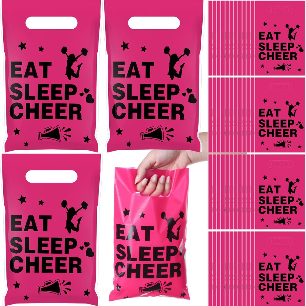 Affrolling 100 Pcs Cheer Goodie Bags Cheer Snack Gift Bags Bulk Plastic Cheerleading Party Supplies with Handle for Cheerleader Team Gymnastics Party Decorations