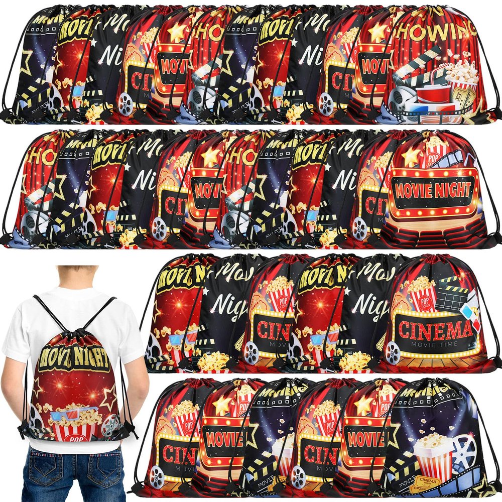 Sweetude 36 Pcs Movie Night Party Drawstring Bags Theater Theme Candy Treat Goodie Bags for Birthday Supplies Decorations 11.8 x 9.8 Inch